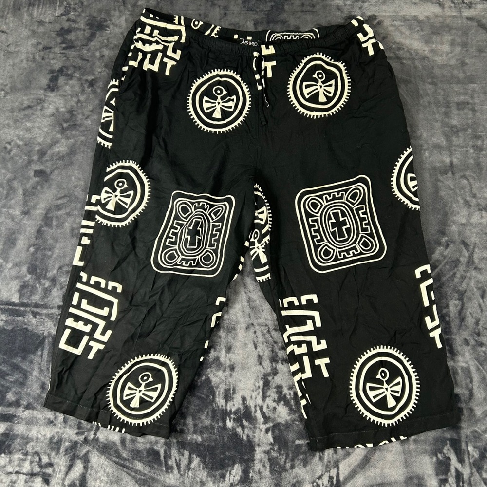 Ashro‎ Cropped Pants Women XXL Black Tribal Geometric Print Rayon Culottes